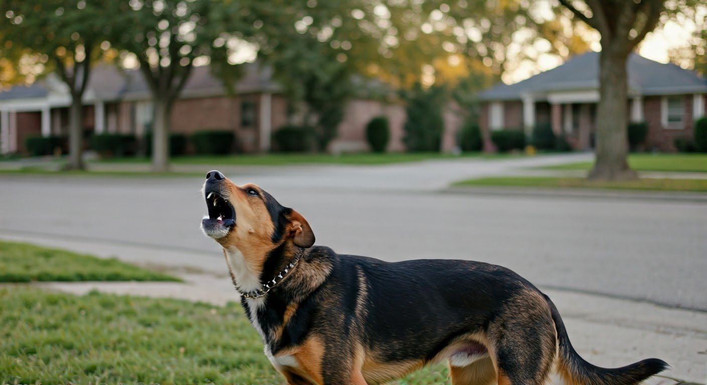 A dog barking outdoors in a suburban neighborhood in Chesapeake, VA 23323, showcasing common canine behavior. Ideal for a dog trainer specializing in addressing barking and behavior challenges
