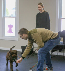 Dog owner practicing engagement and recall with a playful Doodle during a training session at Freak On A Leash Dog Training facility in Chesapeake, VA