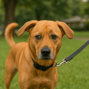 Close-up of a reactive dog on leash looking anxious in a grassy Virginia Beach park, illustrating early signs of canine stress for dog training awareness.