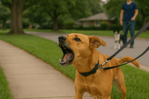 Reactive dog barking across the street at a leashed dog with owner in a quiet Virginia Beach neighborhood, illustrating leash reactivity and behavior training context.