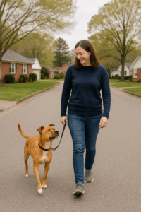 Virginia Beach dog trainer walking calmly with a formerly reactive dog who is now focused and engaged, illustrating success through positive reinforcement.